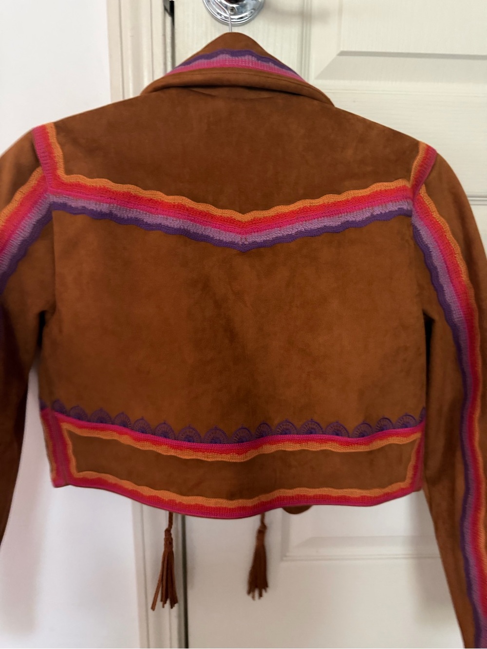MOTHER Brown Suede Cropped Jacket with Pink & Purple Trim - Picture 9 of 9